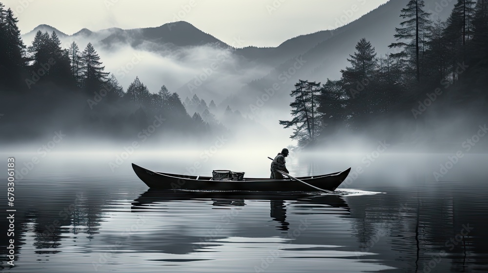  a black and white photo of a man in a boat in the middle of a lake on a foggy day with a mountain range in the distance in the background.