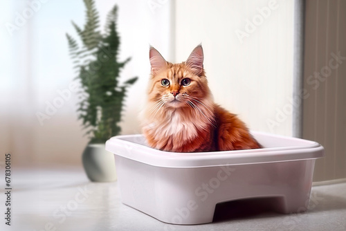 Adorable ginger  cat in litter box indoors.Toilet for the cat. Cleanliness and order in the house. Pet Care photo