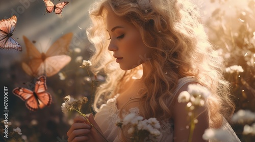  a woman with long blonde hair standing in a field of flowers with two butterflies flying above her and one of her hands is holding a flower in her other hand.
