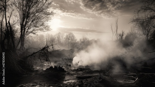  a black and white photo of steam rising out of the ground in the middle of a wooded area with trees and a cloudy sky in the middle of the background.