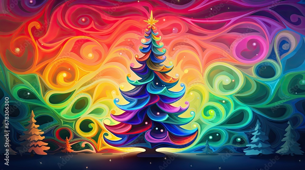  a painting of a rainbow christmas tree in the middle of a night sky with stars and swirls on the bottom of the tree, and a star on top of the top of the top of the tree.
