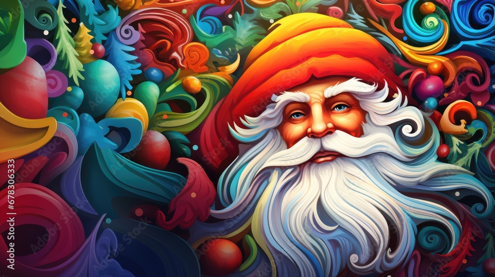 a close up of a painting of a santa clause with a beard and colorful ...