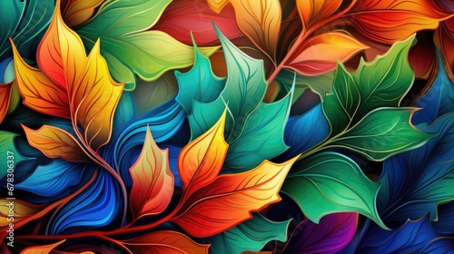  a bunch of colorful leaves that are in the shape of a rainbow colored leaf  with the colors of the rainbow and green  red  yellow  blue  green  orange  red  yellow  and orange.