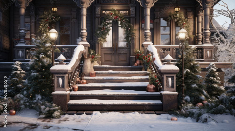 Wooden porch with christmas decorations in the snow. Christmas background.