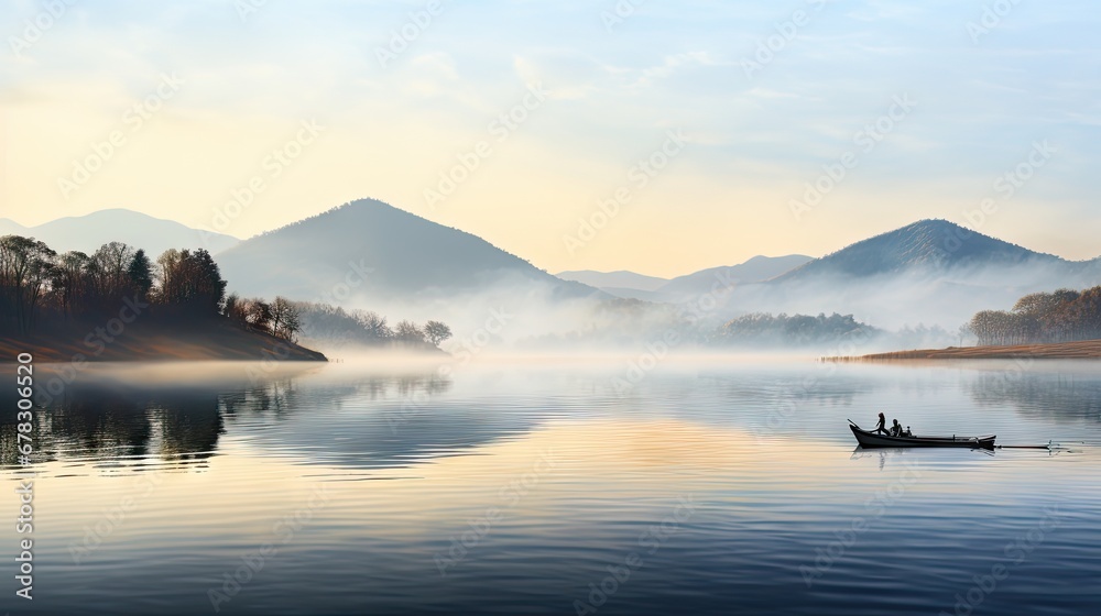  a small boat floating on top of a lake next to a lush green forest covered hillside covered in fog and low hanging low hanging low hanging clouds in the sky.