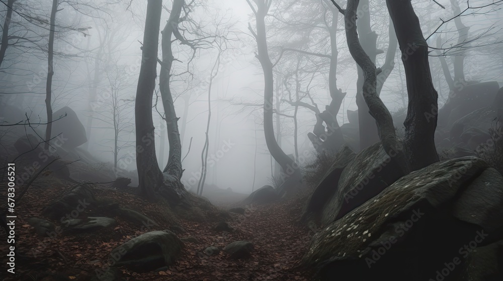  a foggy forest filled with lots of trees and rocks in the middle of the woods with leaves on the ground and rocks on the ground in the foreground.