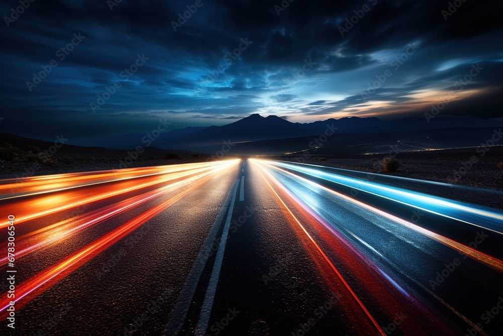 car light trails on the road with mountain background, long exposure photo, Ai Generated