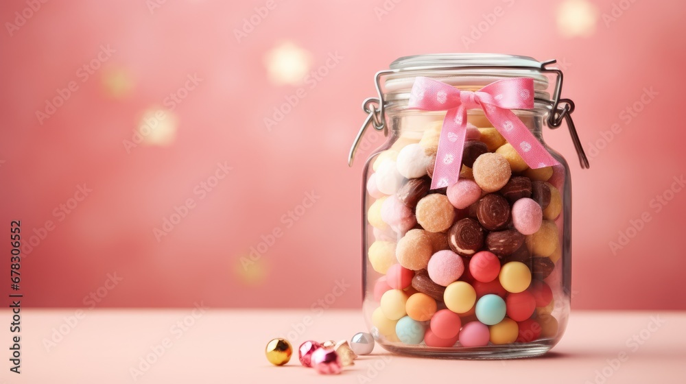 a glass jar filled with assorted candies and a pink bow on the top of the jar is sitting on a table with a pink wall in the background. a glass jar filled with assorted candies and a pink bow on the top of the jar is sitting on a table with a pink wall in the background.