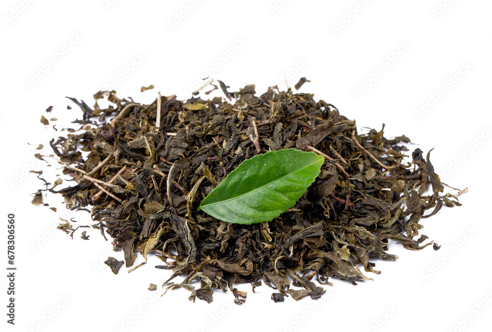 Dried green tea on the white background Dried green tea on the white background