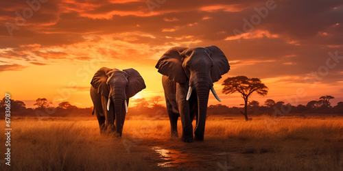 Mother african elephant with a baby elephant eating vegetation of african savannah during sunset, Elephants Stock, Amazing african elephants at sunset concept, generative AI © Akash