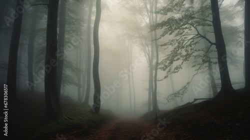  a dirt road in the middle of a forest on a foggy day with lots of trees in the foreground and a trail in the middle of the foreground.