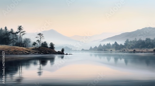  a painting of a body of water with a mountain range in the background and trees in the foreground, with fog in the air, and a fog in the foreground.