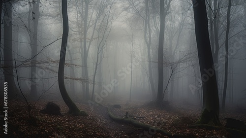  a foggy forest with lots of trees and fallen leaves on the ground and a trail in the middle of the woods on a foggy day with lots of trees and leaves on the ground.