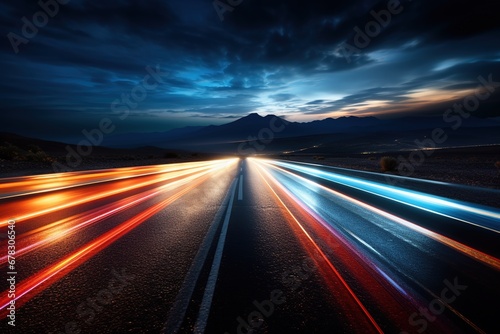 car light trails on the road with mountain background, long exposure photo, Ai Generated