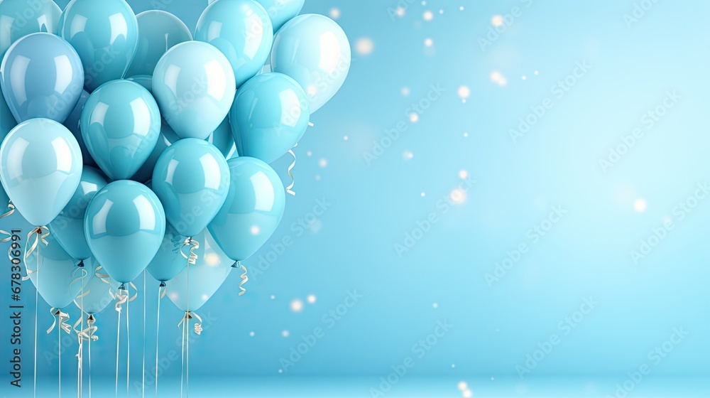  a bunch of blue and white balloons floating in the air with confetti and streamers on a blue background with white and gold confetti and confetti.