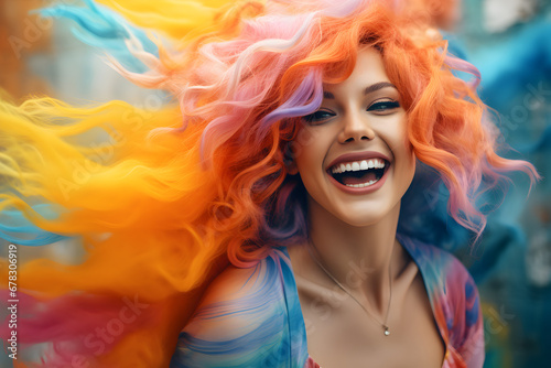 Radiant Individuality: A Colorful Portrait of a Joyful Woman. A colorful portrait of a beautiful young girl who has a face with modern, urban make-up. Generative AI
