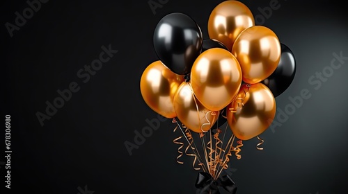  a bunch of black and gold balloons with streamers on a black background with gold and silver confetti on the bottom of the balloons and a black bow on the bottom of the balloons.