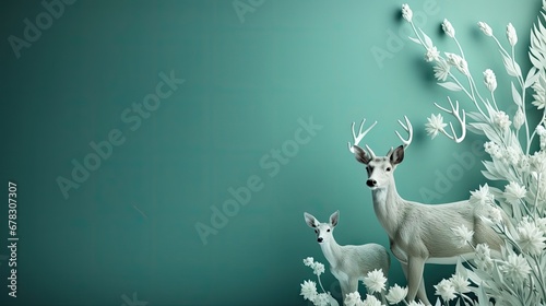  two white deer standing next to each other in front of a green wall with white flowers on it and a clock on the side of the wall above the deer's head.