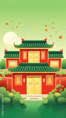 A minimal, simple illustration with red asian style house as a symbol of the Chinese New Year, on a green background. Happy holiday concept. Vertical, banner, smartphone wallpapers