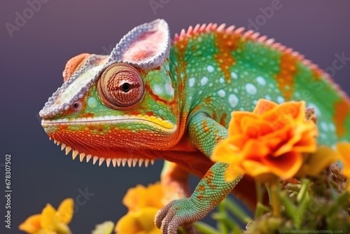Chameleon on the flower macro  advertising banner for a holiday agency