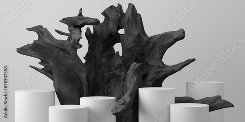 Fototapeta Naklejka Na Ścianę i Meble -  3d cosmetic background. 3d display rustic black wood and podium for cosmetic, perfume and products presentation.3d rendering illustration