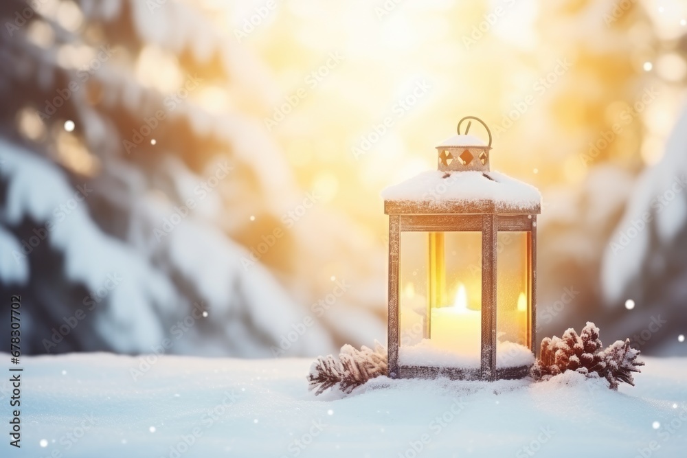 Christmas Lantern On Snow. Xmas background. Winter magical card. Holidays template.