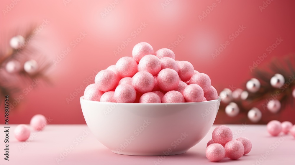 a white bowl filled with pink marshmallows on top of a white table next to a pine branch and a pink background with silver balls in the foreground. a white bowl filled with pink marshmallows on top of a white table next to a pine branch and a pink background with silver balls in the foreground.