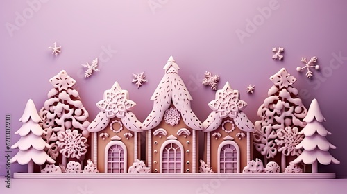  a christmas scene of a gingerbread house with snowflakes on the roof and trees on the top of the house  on a purple background of a purple wall.
