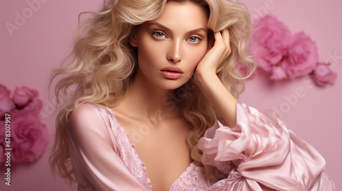 Blonde girl in pink silk lingerie against a pink wall.