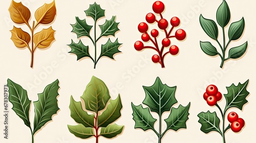  a bunch of different types of leaves and berries on a white background with a red berry on the top of the leaves and a green leaf on the bottom of the leaf.