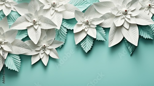  a group of white paper flowers on a blue and green background with a place for a text or an image with a place for a place for your own text.