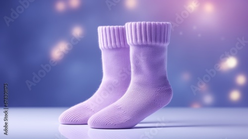  a pair of purple socks sitting next to each other on top of a white table next to a blue and purple blurry background with sparkles in the background.