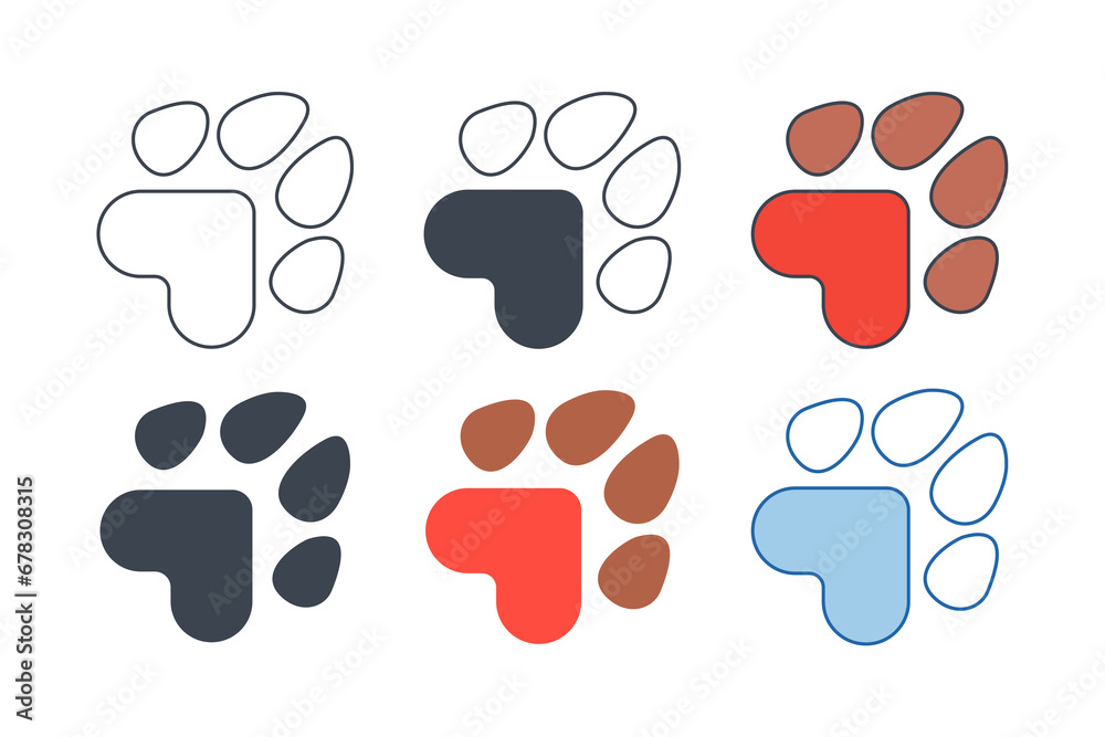 Pet Paw with Heart icon collection with different styles. Dog Paw Love icon symbol vector illustration isolated on white background Pet Paw with Heart icon collection with different styles. Dog Paw Love icon symbol vector illustration isolated on white background