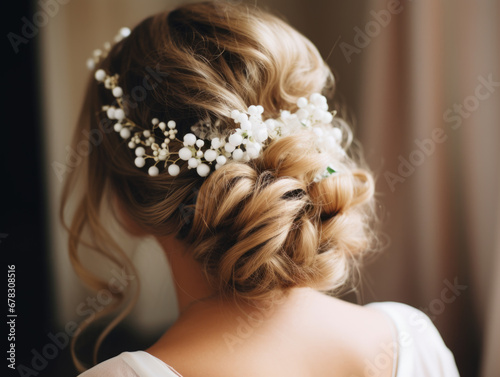Bridal hairstyle with elegant flower accessories.