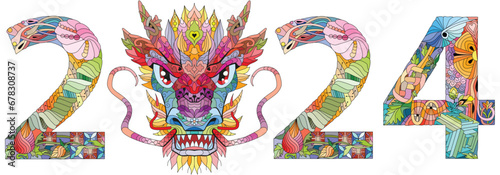 2024 number design. Cute vector Illustration for coloring