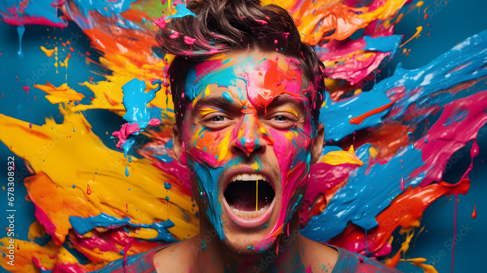 Expressive Vibes: Young Man with Colorful Face Painting Makeup and Colored Hair Screaming or Singing - Side View with Copy Space on Colorful Rainbow Background