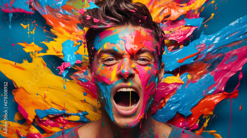 Expressive Vibes: Young Man with Colorful Face Painting Makeup and Colored Hair Screaming or Singing - Side View with Copy Space on Colorful Rainbow Background