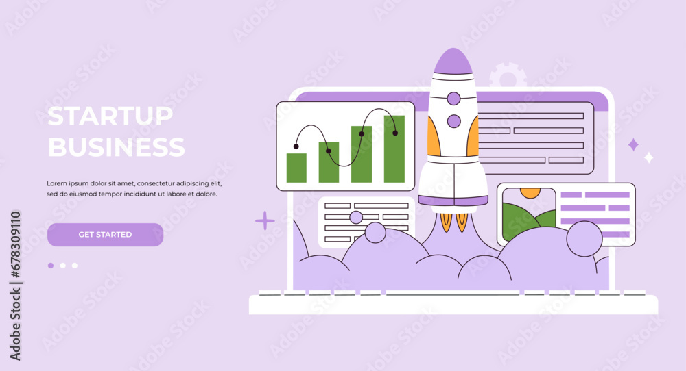 Space rocket launch. Creative, innovative idea. Business start up, launching new project concept. Landing page template. Vector illustration isolated on purple background, modern flat cartoon style.