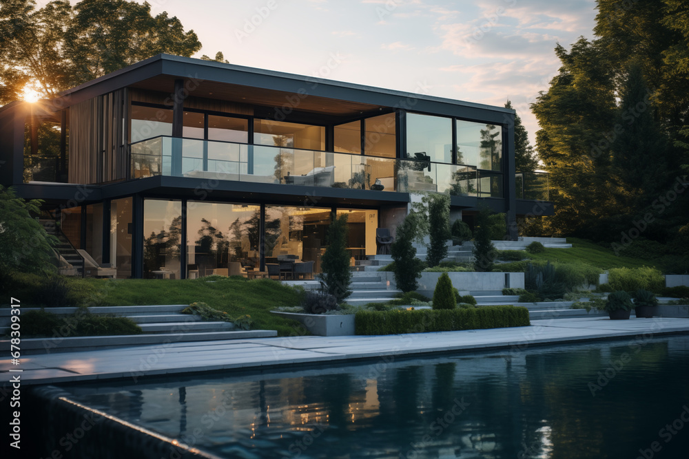Contemporary modern house. Architect's house. Modern house with large windows. Real estate. Real estate agency. Real estate agent
Contemporary modern house. Architect's house. Modern house with large windows. Real estate. Real estate agency. Real estate agent