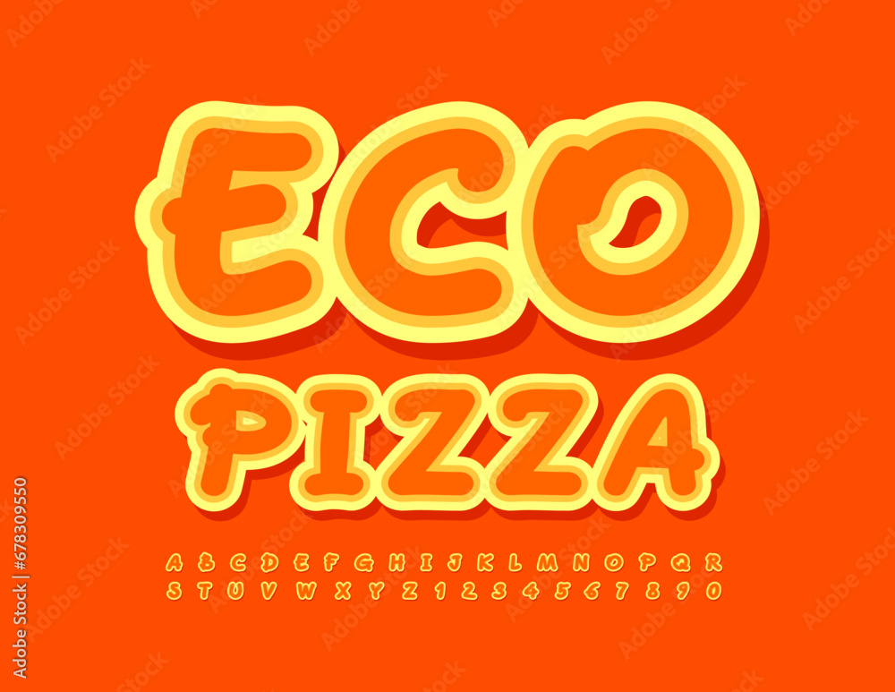 Vector healthy template Eco Pizza. Creative sticker Font. Funny set of Alphabet Letters, Numbers and Symbols