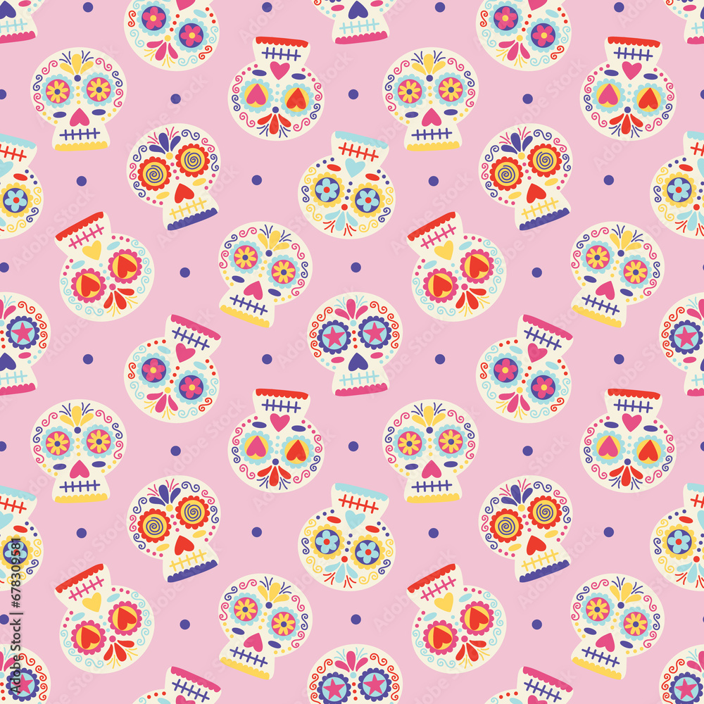 Day of the Dead Pastel Calavera Sugar Skulls Seamless Pattern Design