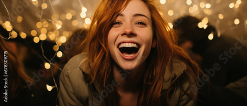 Portrait of a beautiful young woman with red hair laughing and looking at the camera.