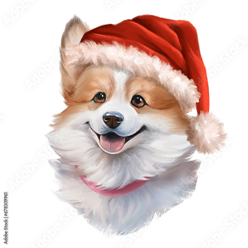 Cute corgi dog in Santa hat. Christmas illustration, isolated on white background.