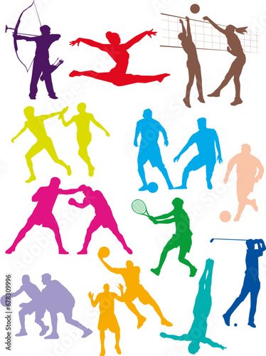 Many colorful silhouettes of athletes representing various sports disciplines. Vector contours of team sports disciplines