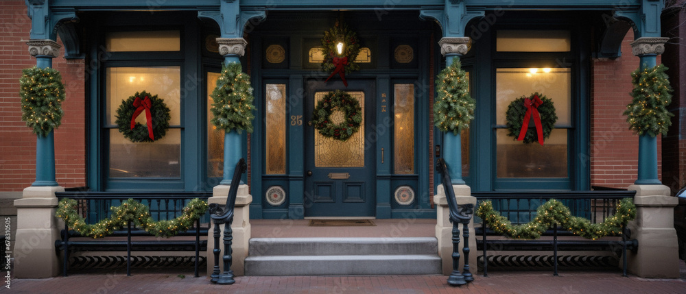 Historic building with Christmas wreaths and decorations in Boston, Massachusetts.