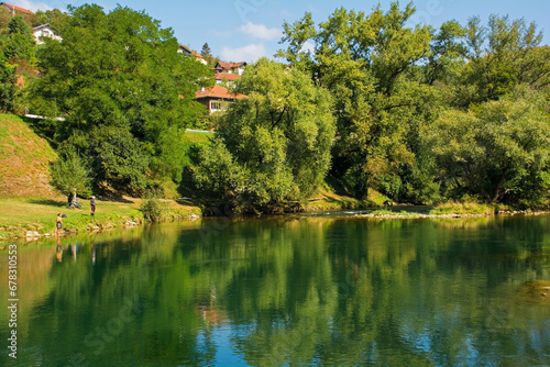 The Vrbas River as it flows through Srpske Toplice south east of Banja Luka in Republika Srpska, Bosnia and Herzegovina. Viewed at Vrucica Hot Springs 
