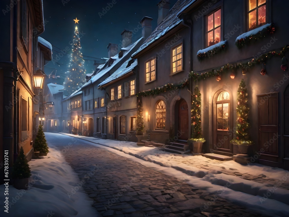 Street in a Christmas night in an old European town. Generative AI