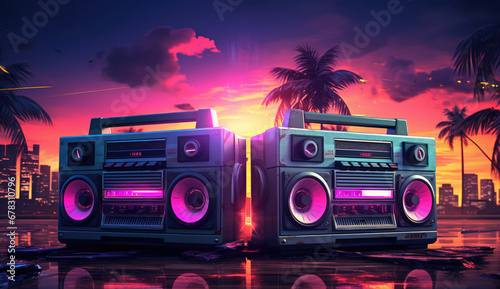 Illustrated two boomboxes with neon lights and Palm Trees on the background