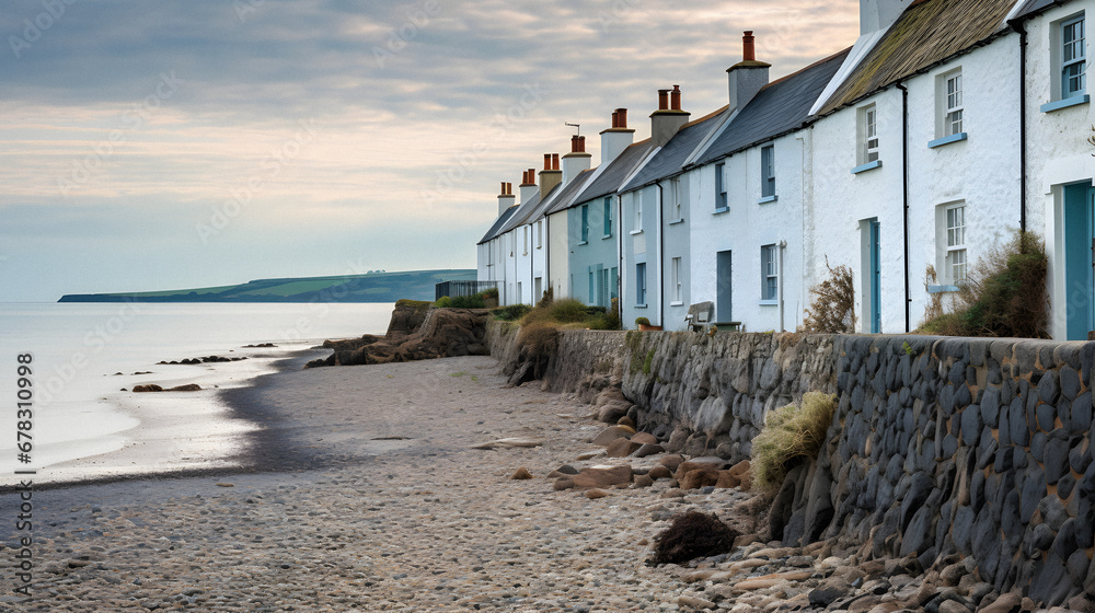 Charming Seaside Cottages Along a Pebble Beach, Enhanced with Soft and Pastel Tones to Evoke a Tranquil and Picturesque Atmosphere