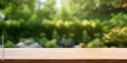 Wood table top on blur garden background, product display montage